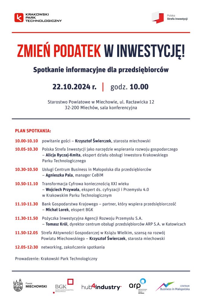 plakat informacyjny o konferencji Krakowskiego Parku Technologicznego. Widoczne loga: KPT, Powiatu Miechowskiego, Polskiej Strefy Inwestycji